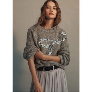 Anthropologie Maeve Gray Sweater with Sequin Bow size L